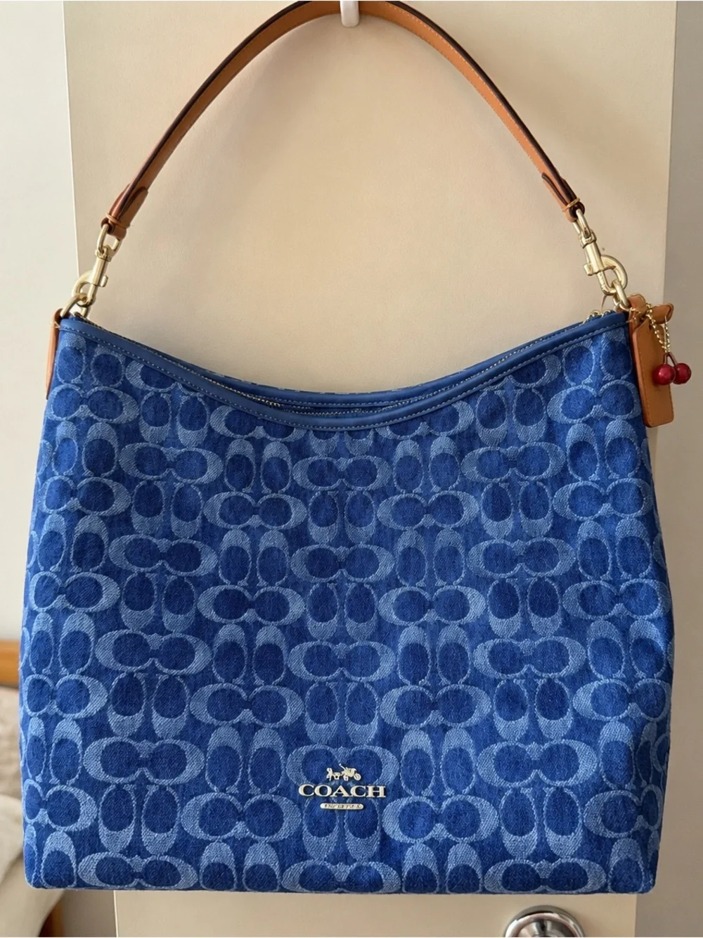 Coach Blue Signature Jacquard Hobo with Tan Leather Strap